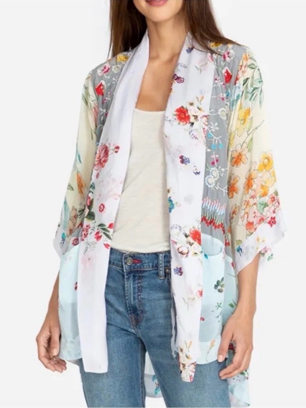 Johnny Was Pastel Floral Embroidered Silk Kimono.